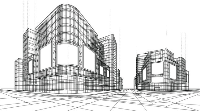 Professional black vector architecture wireframe of modern urban retail plaza with commercial building facades and advertising billboards
