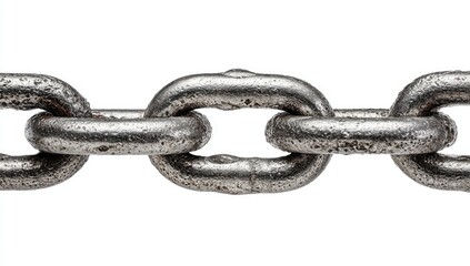 Obraz premium Close-up of a rugged, metallic chain links, slightly rusted against a plain white background