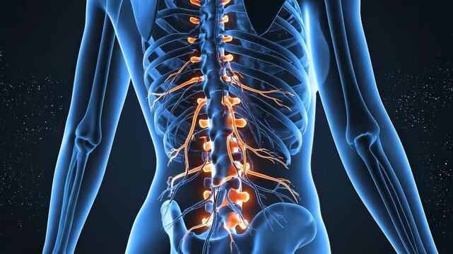 Human Spine and Nervous System Anatomy. Detailed 3D rendering with glowing nerves highlighting neural pathways and spinal column.