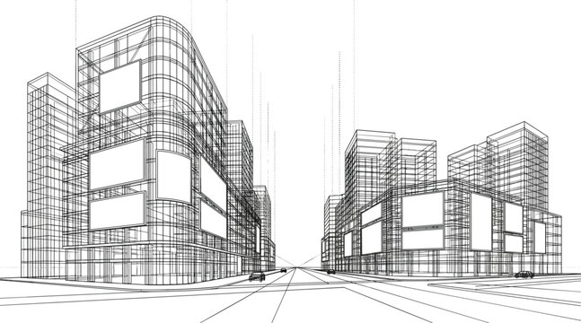 Professional black vector architecture wireframe of urban retail boulevard with commercial buildings advertising billboards and street perspective