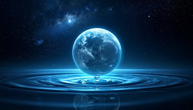 暗黒の宇宙空間に青い水に覆われた惑星が静かに浮かんでいる。
深い闇の背景の中で、海の色が神秘的に輝いて見える。
広大な宇宙と水の惑星が幻想的な雰囲気をつくる構図。