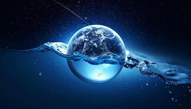暗黒の宇宙空間に青い水に覆われた惑星が静かに浮かんでいる。
深い闇の背景の中で、海の色が神秘的に輝いて見える。
広大な宇宙と水の惑星が幻想的な雰囲気をつくる構図。