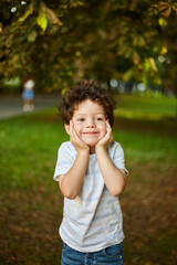 Fototapeta premium Happy young boy with curly hair posing with hands on cheeks in park