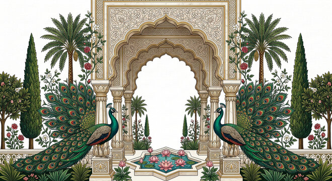 An ornate mughal archway flanked by peacocks and lush tropical foliage on transparent background high-quality professional detailed