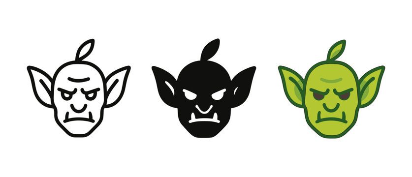 Cartoon goblin faces: outline, solid, and colored variations