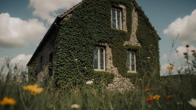 Old house covered in green ivy.