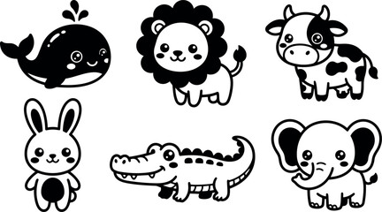 Cute smiling whale lion cow bunny crocodile and elephant black and white cartoon animal characters vector art set
