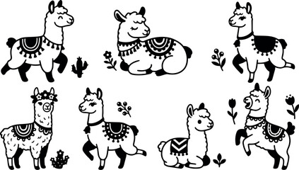 Fototapeta premium Black and white minimalist llama vector illustrations with decorative patterns and floral elements in whimsical hand drawn style