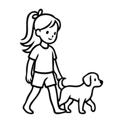 Dibujo sencillo con líneas de una niña feliz de pie, con ropa informal, andando con un cachorro de perro  © teracreonte