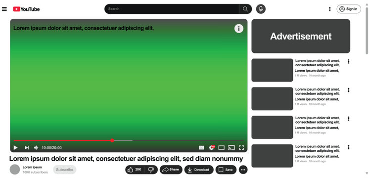 A YouTube video player mockup displaying an advertisement alongside suggested videos