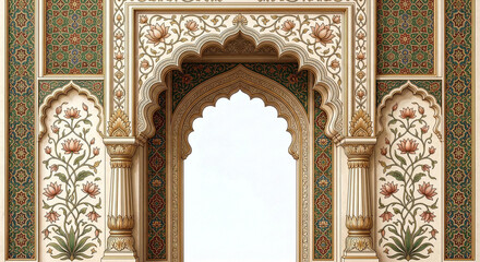 An ornate mughal style arched frame with floral motifs and detailed patterns on transparent background high-quality professional