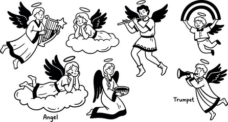 Naklejka premium Black and white vector art of seven angels playing instruments and resting on clouds in simple line style with halos and wings