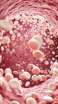 Detailed close-up illustration of red and white blood cells flowing inside a blood vessel.
