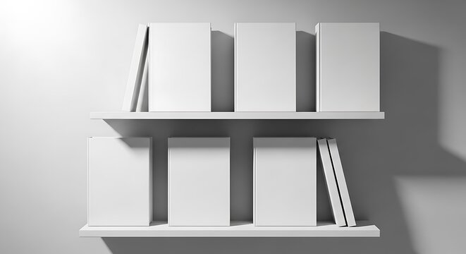 Blank White Books on Minimalist Shelves: Clean, Empty, Unwritten Stories, Customizable Design, Modern Interior, Copy Space, Conceptual Photography