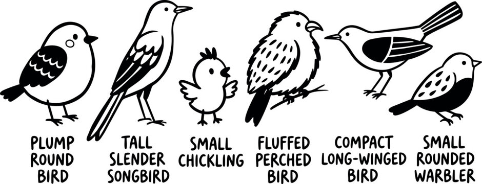 Black and white line art illustration of plump round bird tall slender songbird small chickling fluffed perched bird compact long winged bird small rounded warbler
