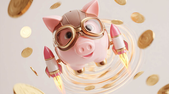 A pink piggy bank shaped like a pig with aviator goggles and a helmet is flying up with jet rockets among gold coins on a light background.