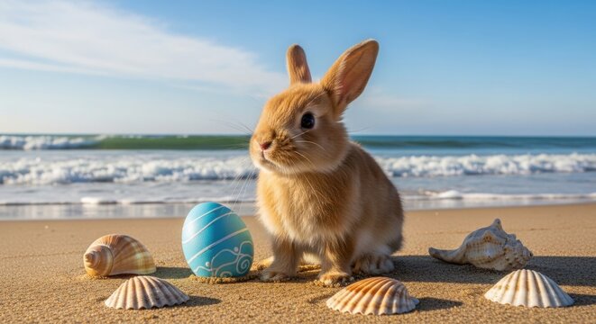 A bunny on the beach with seashells and an easter egg