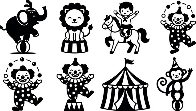 Black and white flat design circus animals jugglers clowns and tent icons set with elephant lion monkey boy riding horse and juggling clown