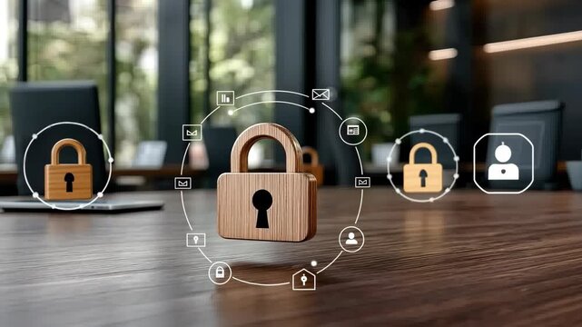 A padlock sits on a wooden desk surrounded by icons illustrating digital security and user access control in an office setting