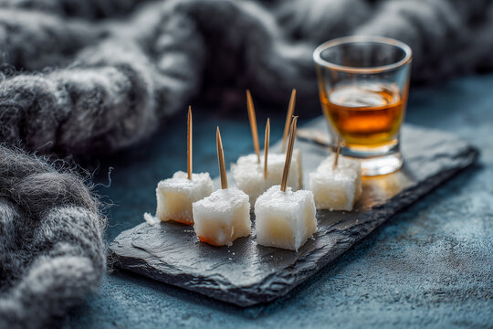 fermented shark cubes hakarl with brennivin schnapps in minimalist icelandic setting