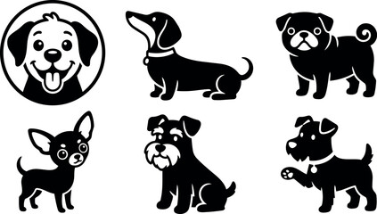 Fototapeta premium Black and white vector art set of six cute dog breeds icons with playful expressions and different poses isolated on white background