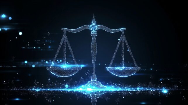 Digital Justice Holographic Scales of Justice Representing Legal Tech and Modern Law Innovations