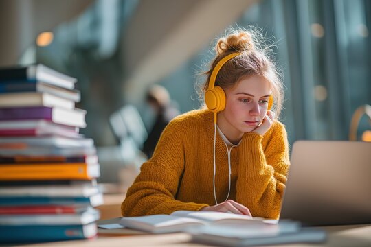 Young woman wearing yellow headphones focused on studying at a desk with a laptop, open book, and stack of books