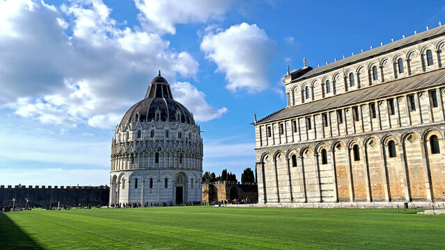 Pisa. Italy,Piazza dei Miracoli, listed among the UNESCO World Heritage Sites since 1987, is where you can admire the four monuments that form the centre of the city's religious life, called miracles 