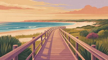 Fototapeta premium Serene beach boardwalk at sunset with ocean views and lush greenery along the shore