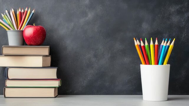 A workspace is arranged with stacked books, an apple, colorful pencils, and vibrant stationery for study and creativity