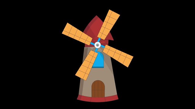 flat design windmill animation loop for kids video. 
traditional mill with spinning sails animation. 