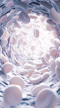 Close-up view of white blood cells flowing through a blood vessel interior.