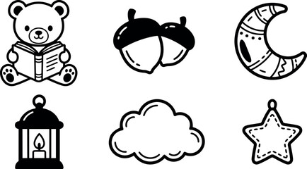Obraz premium Black and white vector icons set including teddy bear reading book acorns crescent moon candle lantern cloud and star