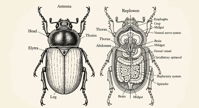 Vintage scientific illustration of a beetle's external and internal anatomy, detailed diagram showing insect body parts and organs, biological educational resource.