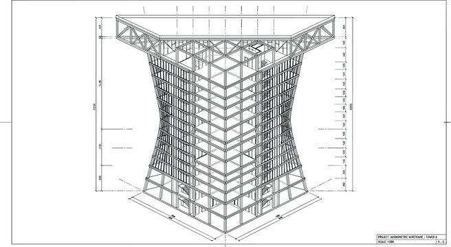 Technical 2D architectural elevation of a tapered modern skyscraper featuring structural grid lines, floor height dimensions, and an industrial truss roof system.