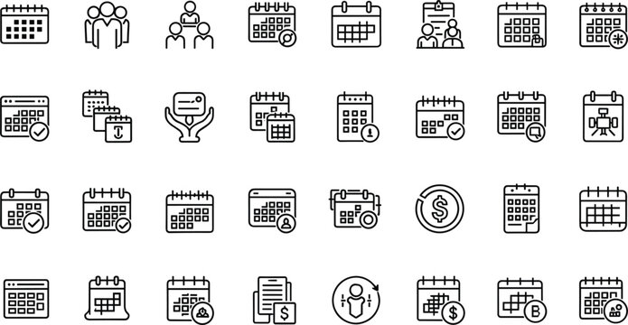 Calendar scheduling and appointment management line icon set featuring event planning reminders meeting organization and business timetable tools