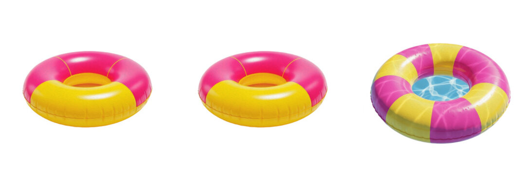 Collection of colorful pink and yellow inflatable pool rings isolated on white
