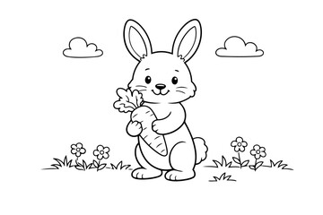 Baby bunny holding a carrot in its paws, standing in a grassy meadow with flowers and stylized clouds, cheerful black-and-white cartoon outline for coloring pages