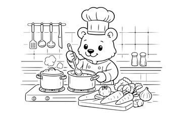 Cute cartoon bear chef wearing a toque blanche, stirring a pot on the stove, preparing a meal with fresh vegetables in a kitchen for kids' coloring