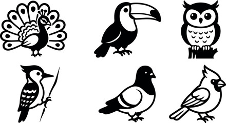 Fototapeta premium Black and white vector art set of six birds including peacock toucan owl woodpecker pigeon and cardinal silhouette design icons collection