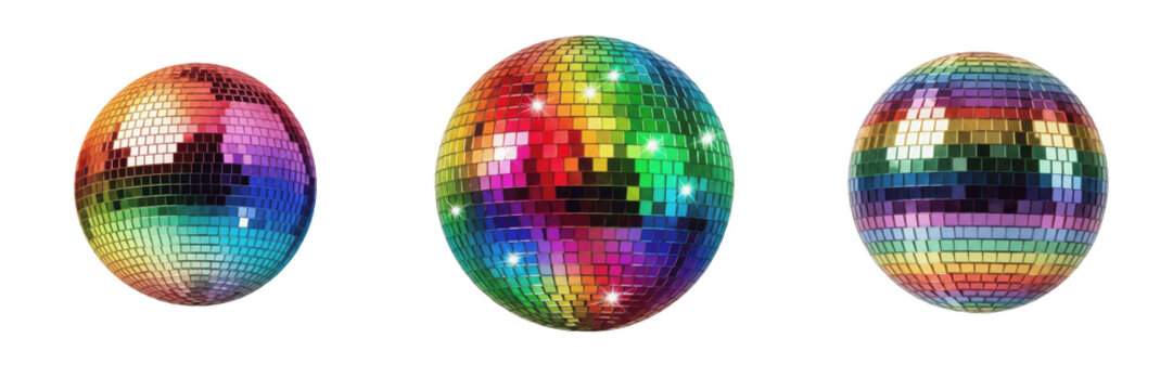 Set of shiny colorful disco balls reflecting light isolated on white background