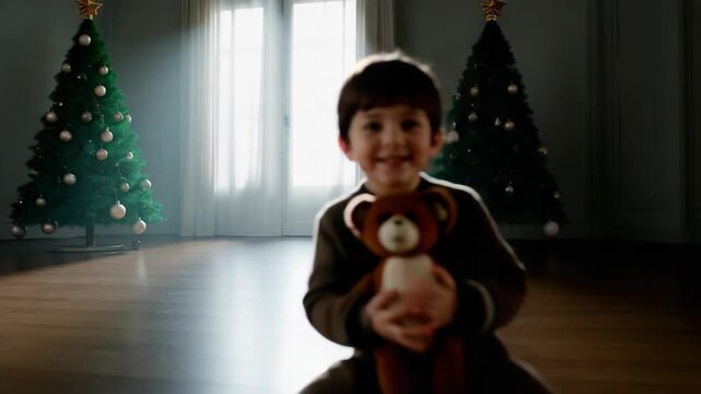 A child plays with a stuffed toy in a room with a Christmas tree and lights while smiling and enjoying the holiday spirit