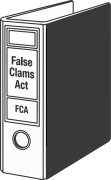 A three-ring binder labeled "False Claims Act" and "FCA" stands upright