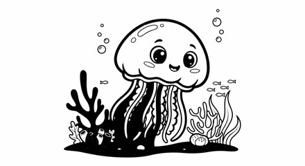 Obraz premium Happy cartoon jellyfish with tentacles, fish, and coral
