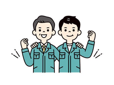 肩を組んでガッツポーズをする、作業着の2人の男性・現場作業員の上半身ベクターイラスト素材