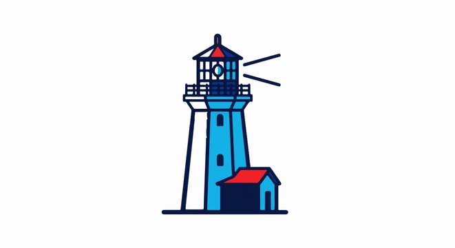 A stylized, cartoon-like lighthouse with a small adjacent structure, emitting light