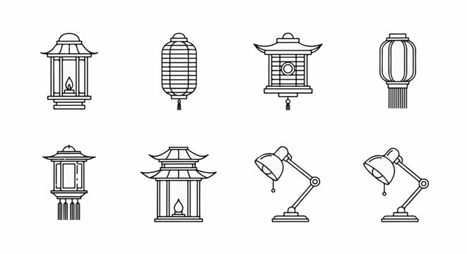 Collection of line art icons depicting traditional lanterns and modern desk lamps