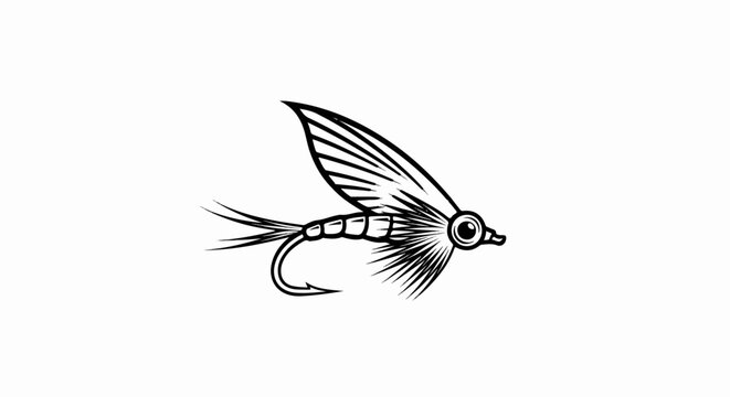 Stylized black ink drawing of a winged insect with a curved hook