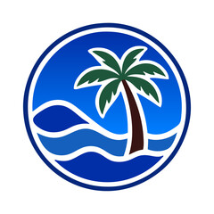 Logo agencia de viajes. Vacaciones de verano. Dibujo sencillo con un paisaje con la palma y olas de mar en círculo con líneas y relleno de color  © teracreonte