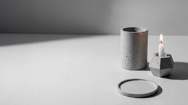 Concrete candle and decorative object on a minimal shelf in a modern home interior, stylish decor, calm lifestyle, minimalist design.